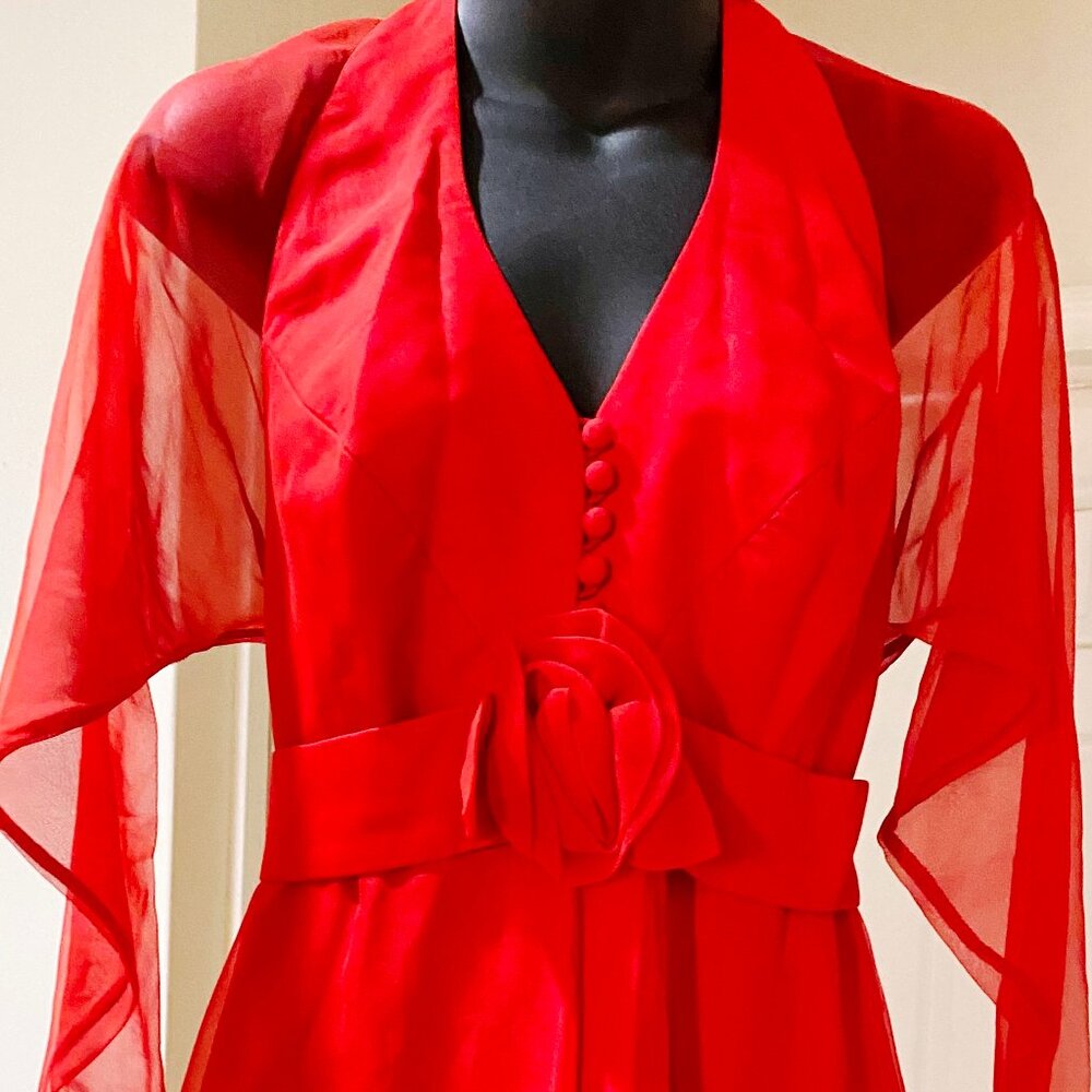 Elegant Red Chiffon Gown with Sheer Sleeves ~ Size Small